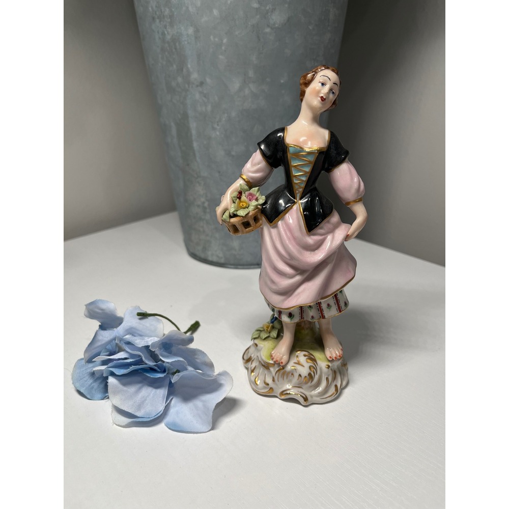 German Porcelain Figurine Woman with Basket Dresden Style Mid Century Mark 1526‎
